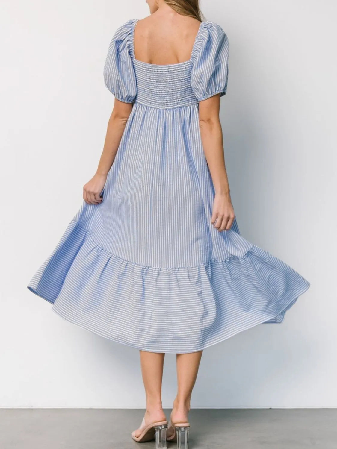 Striped Sweetheart Neck Puff Sleeve Midi Dress