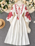 Embroidered Tie Neck Long Sleeve Dress