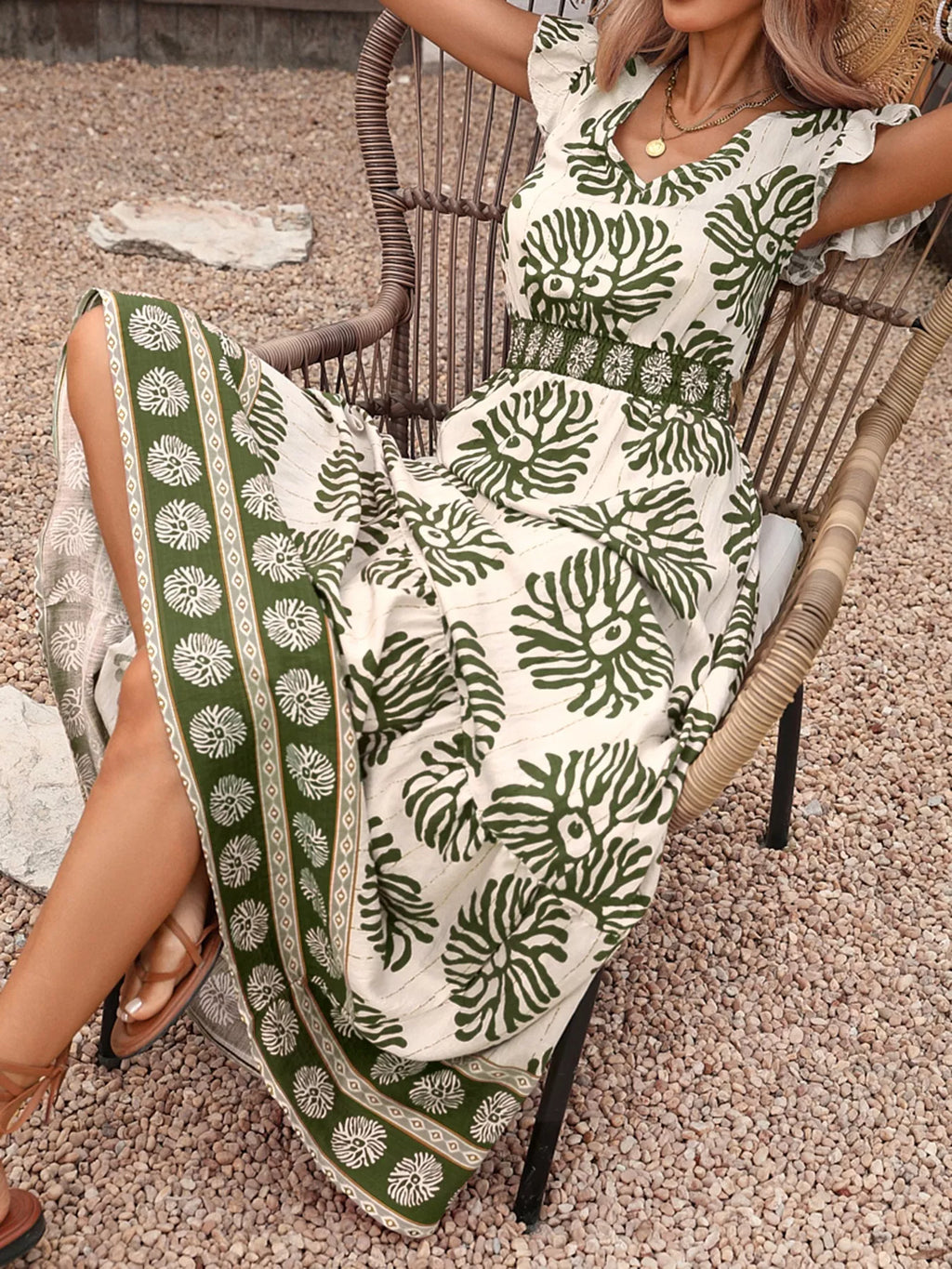 Printed V-Neck Cap Sleeve Maxi Dress