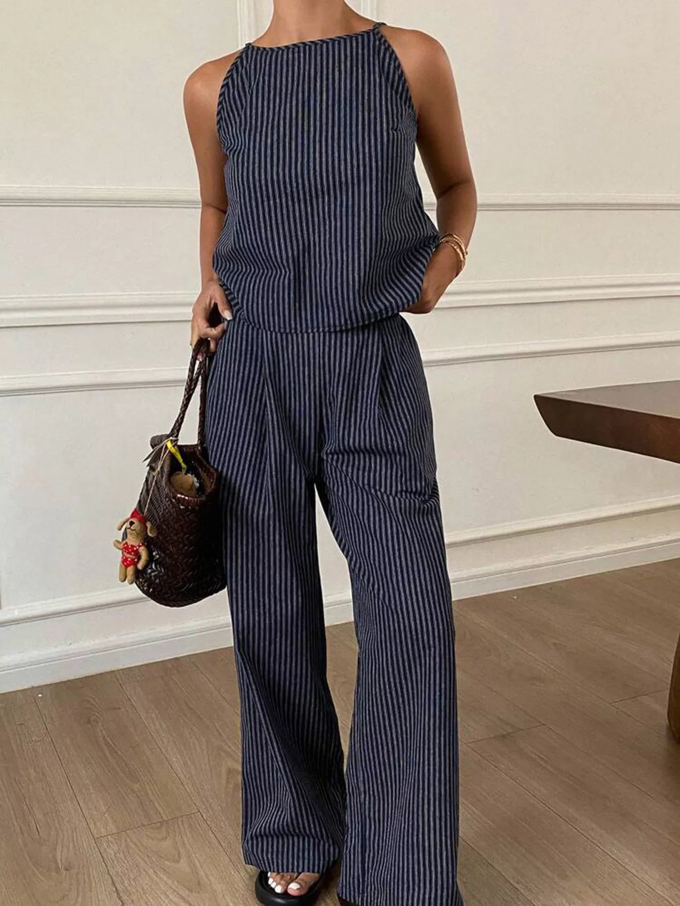 Striped Sleeveless Top and Wide-Leg Pants Set