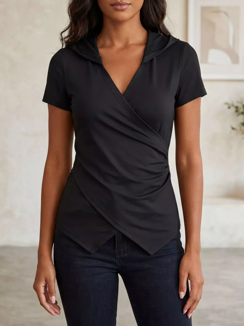 Hooded Wrap Front Slim Fit Top