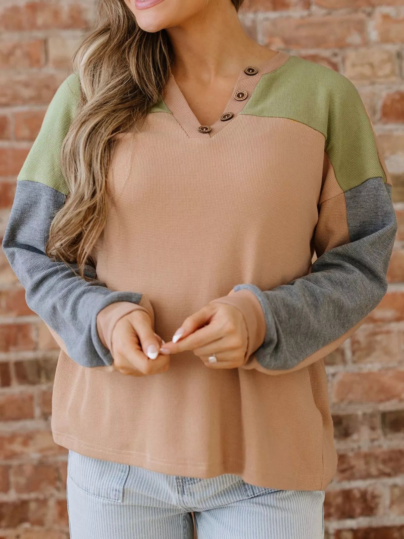 Color Block Thermal Textured Knit Drop Shoulder Henley Top