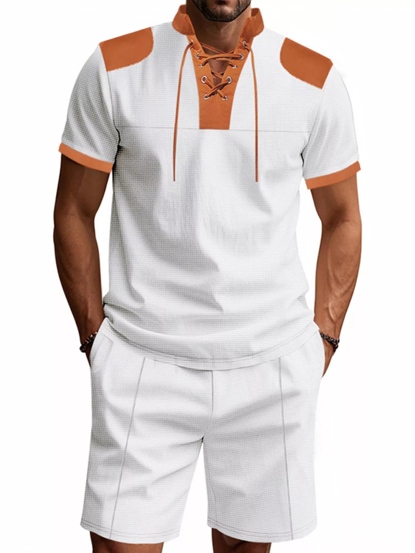 Men's Full Size Lace-Up Collar Casual Top and Shorts Set Plus Size