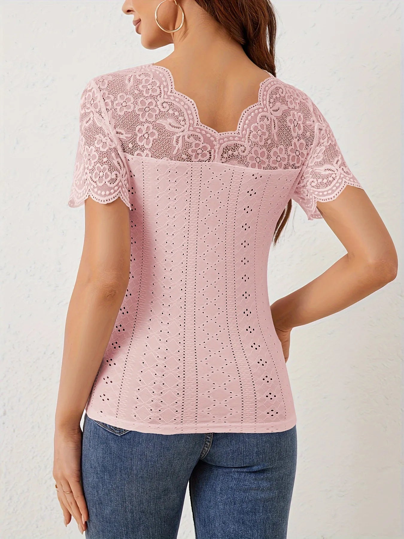 Lace Scalloped V-Neck Eyelet T-Shirt