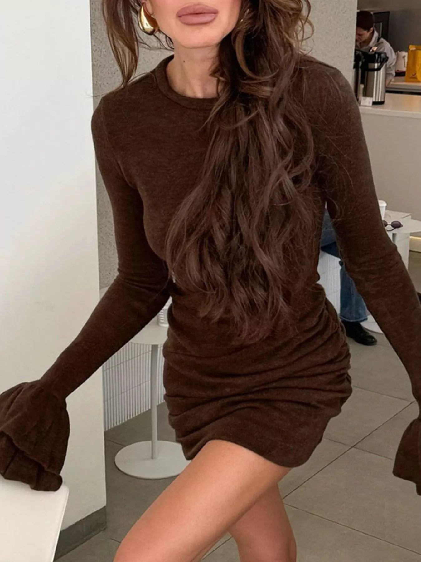 Ruched Flounce Sleeve Mini Dress