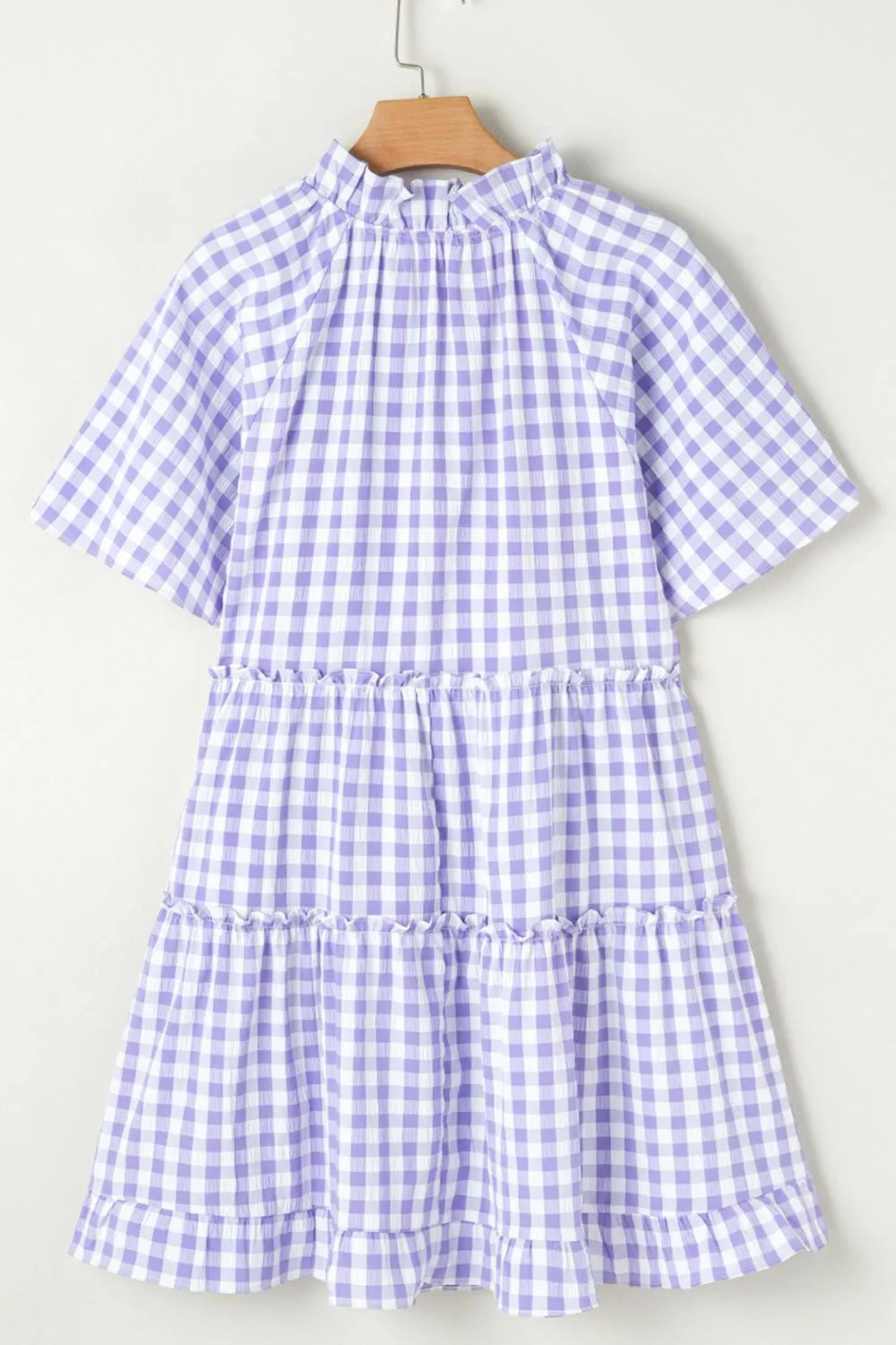 Plaid Tie Neck Short Sleeve Babydoll Mini Dress
