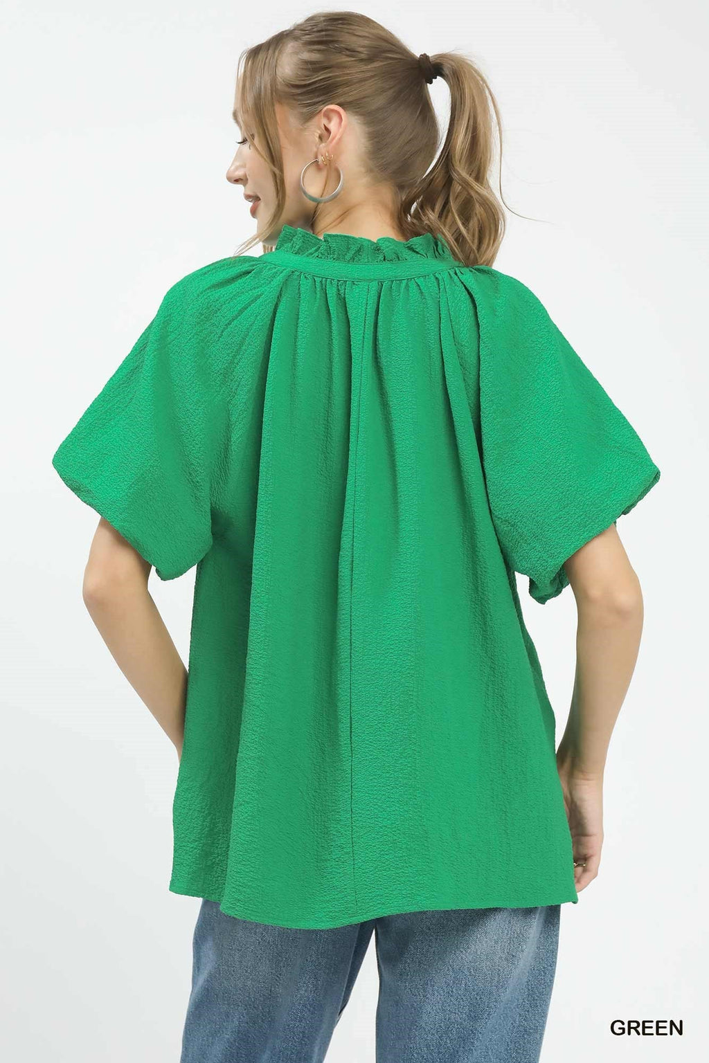 Umgee Puff Sleeve Ruffle Neck Tunic Blouse