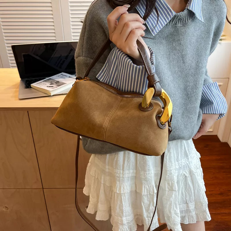 Suede Crossbody Bag with Gold Hardware