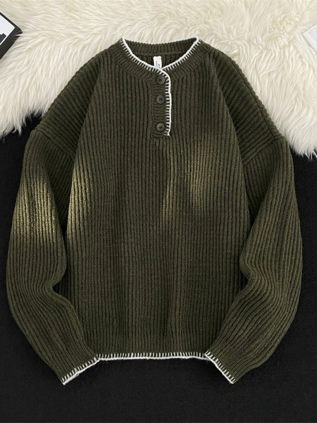 Men's Plus Size Ribbed Knit Pullover with Button Detail