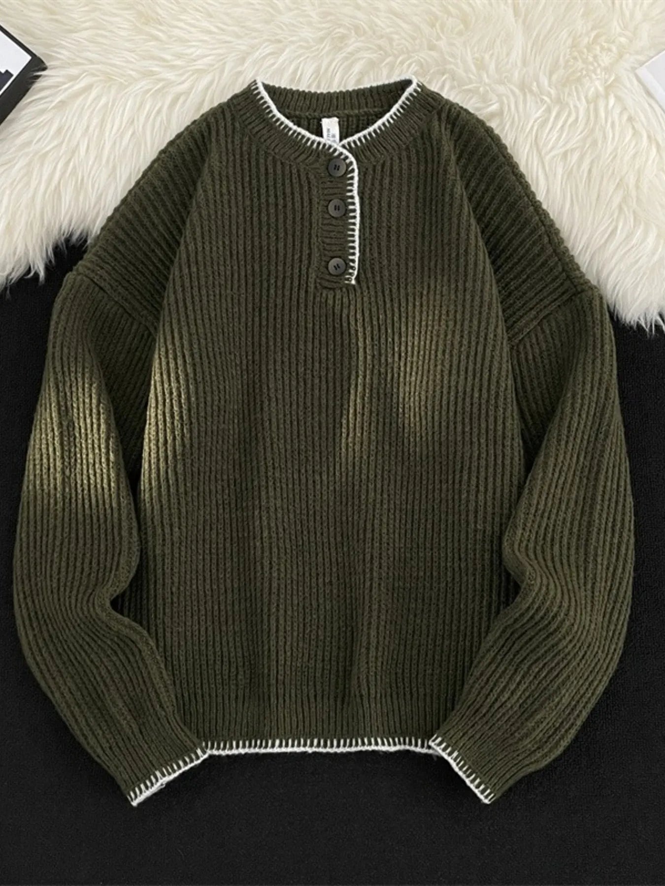 Men's Plus Size Ribbed Knit Pullover with Button Detail