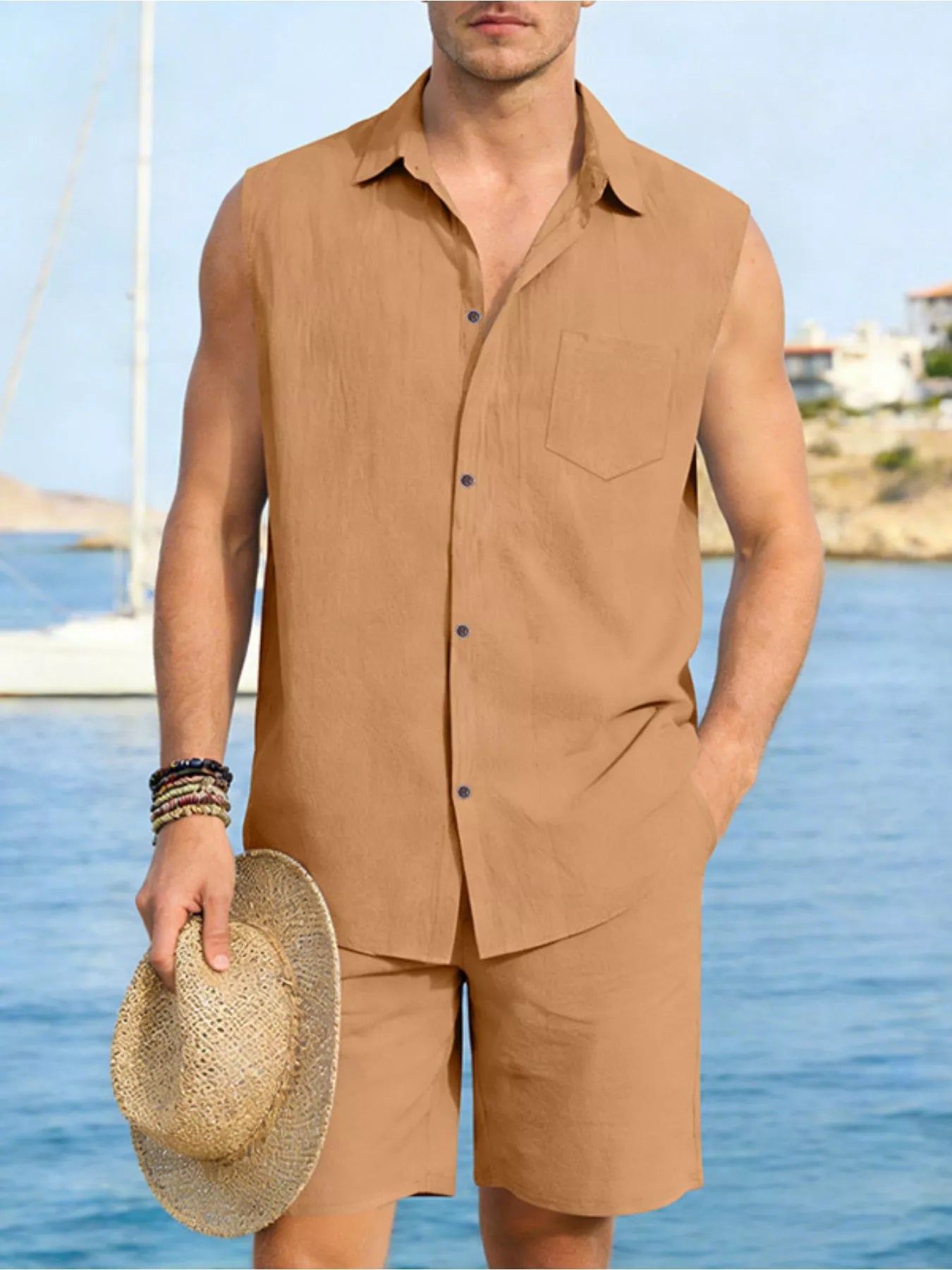 Men's Full Size Button Up Sleeveless Top and Shorts Plus Size