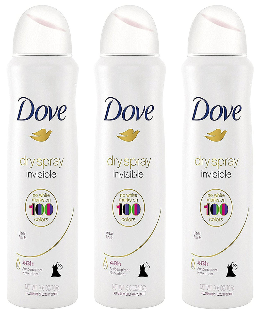 Dove Antiperspirant Dry Spray - Invisible - Clear Finish - 3.8 OZ (107 g) Per Can - Pack of 3 Cans