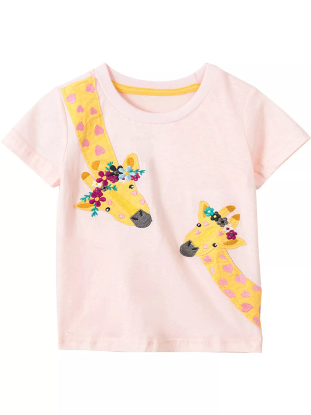 Children's Giraffe Embroidered T-Shirt with Floral Accents
