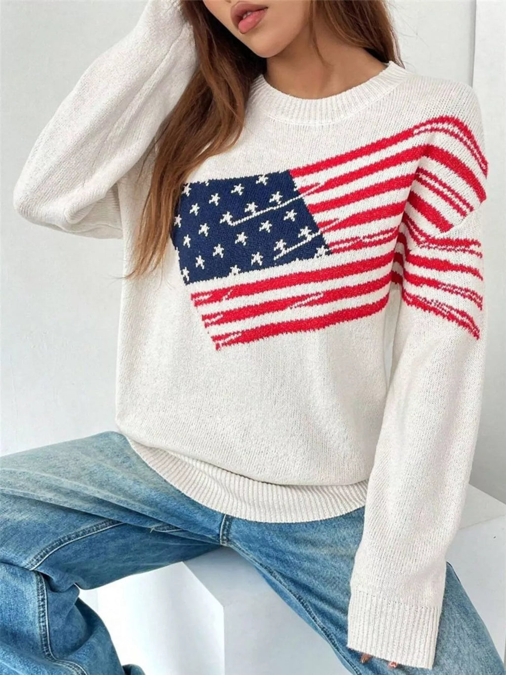 US Flag Round Neck Long Sleeve Sweater