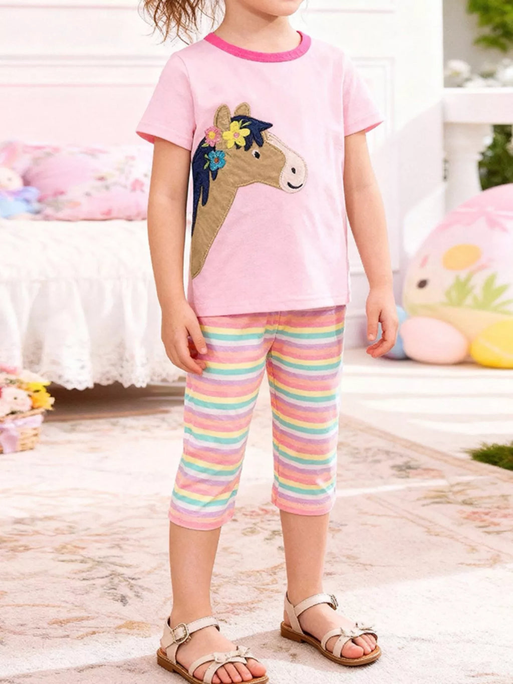 Children's Horse Applique Top & Rainbow Striped Pants Set