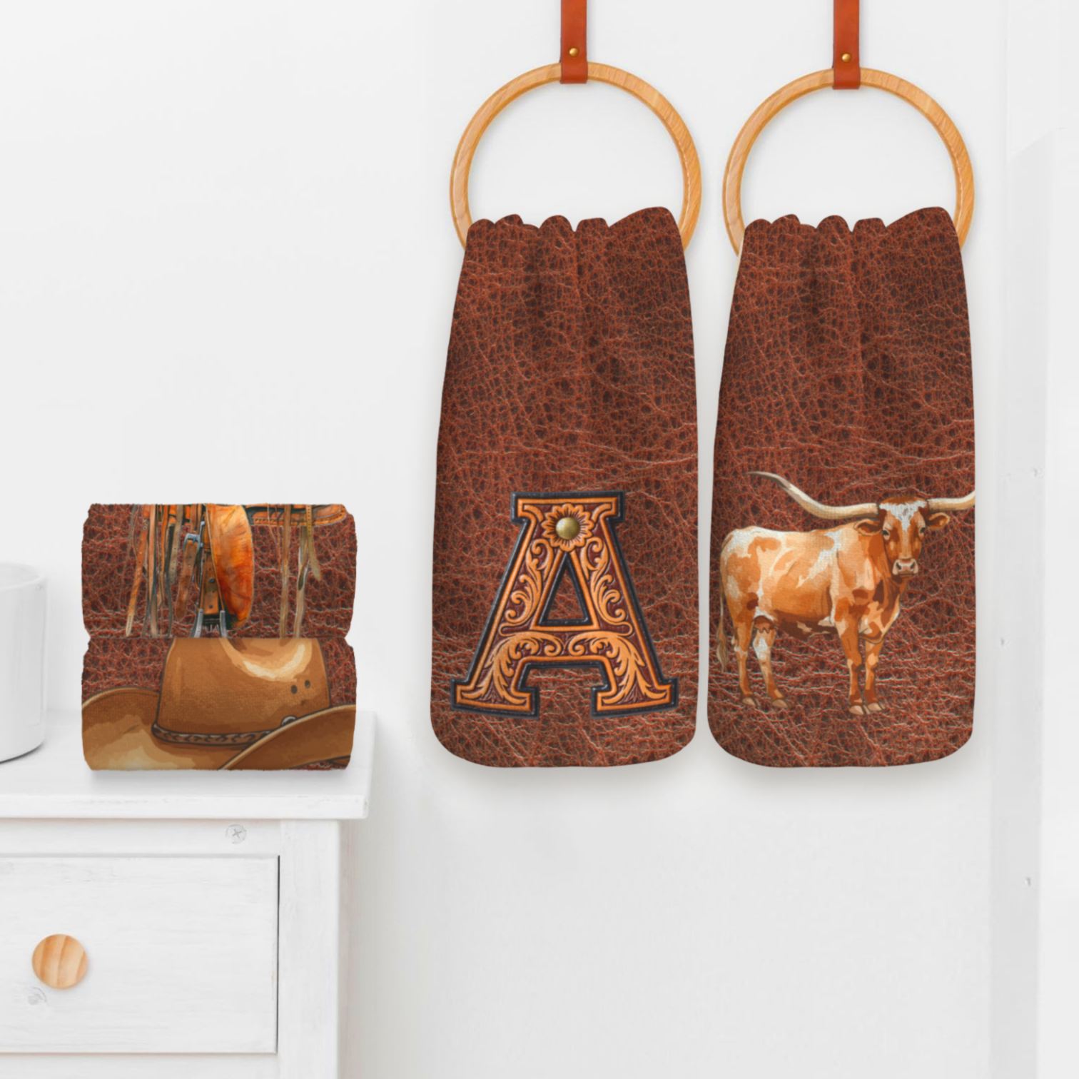 Baha Ranch Monogrammed Initial Western Leather Look Saddle Longhorn Cowboy Cowgirl Kitchen Dish Towels Made in America