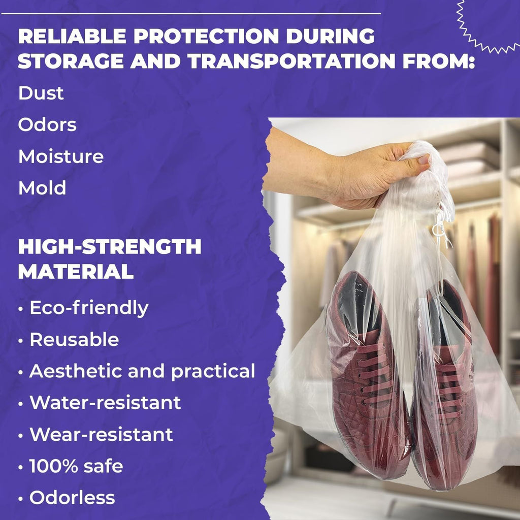 Clear Drawstring Travel Bags for Shoes, 12 x 16 Inches. Pack of 100 Waterproof Dust Bags for Shoes with Double Cotton Drawstrings. 2 mil PE Plastic Drawstring Bags for Packing, Storage