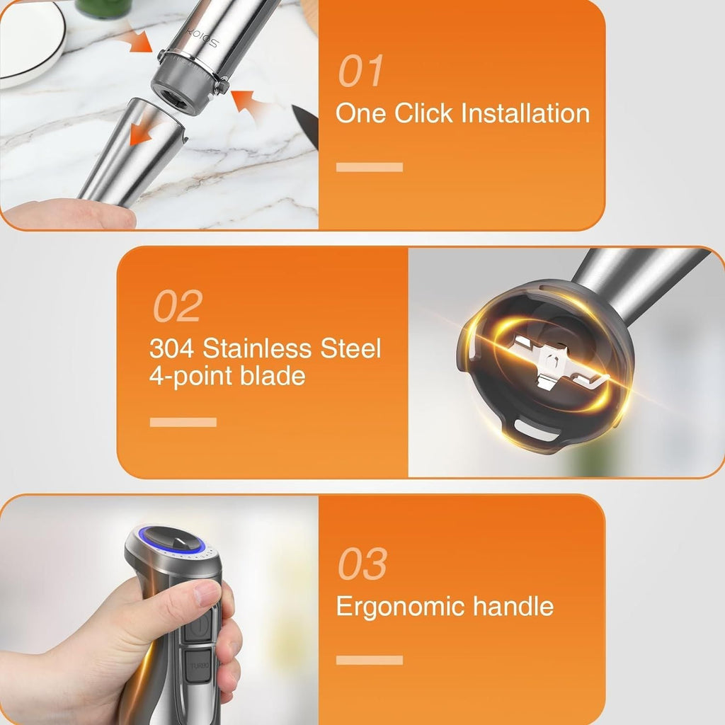KOIOS 1100W Immersion Hand Blender, Stainless Steel Stick Blender with 12-Speed & Turbo Mode, 5-in-1 Handheld Blender with 600ml Mixing Beaker with Lid, 500ml Chopper, Whisk, Milk Frother, B PA-F ree