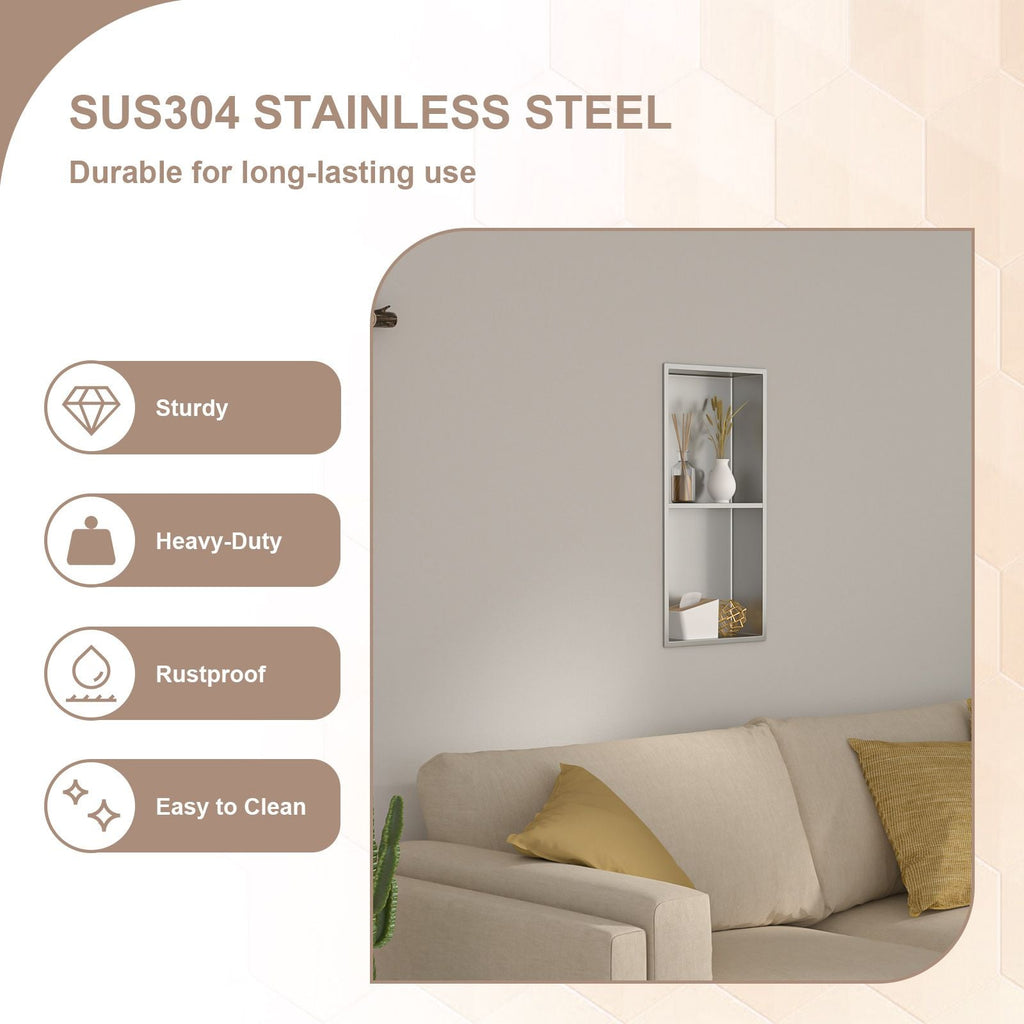 Brushed Stainless Steel Wall Shower  Niche , Double Recessed Shower Shelf for Bathroom