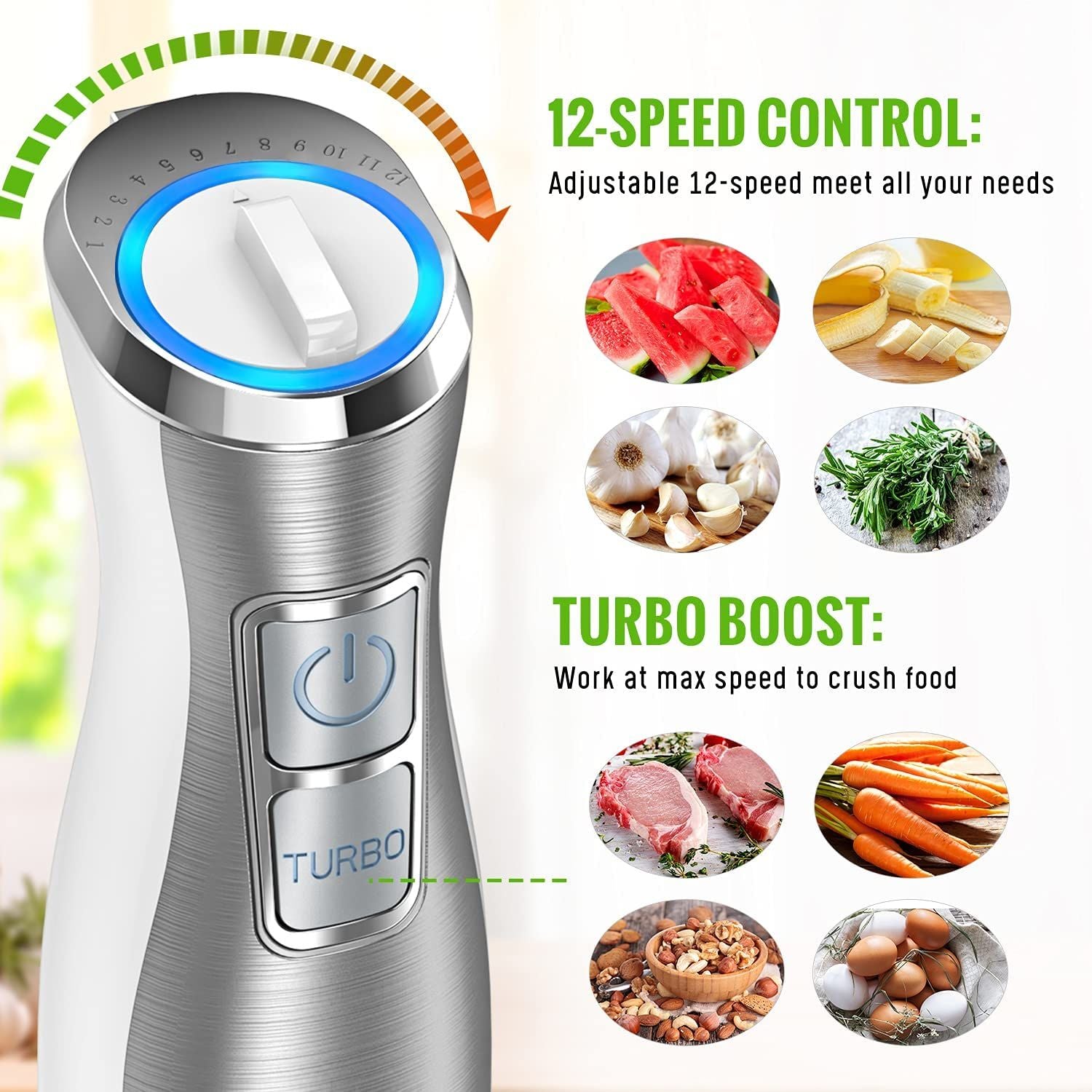 Hand Blender;  5 in 1 Multi-Purpose Immersion Blender set;  1100 watts 12 Adjustable Speed Stick Blender;  600ml Beaker;  500ml Food Processor Container;  Egg Whisk;  Milk Frother Attachments;  White