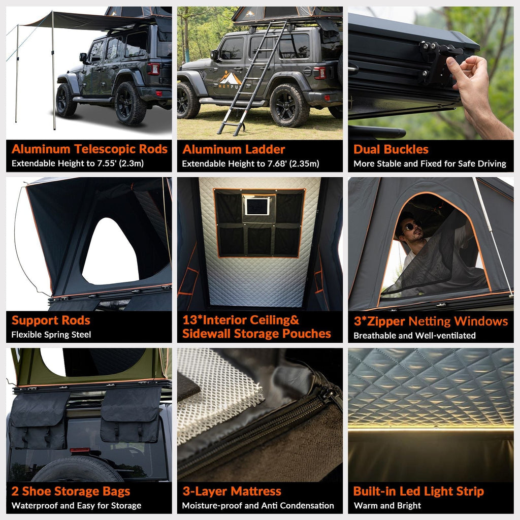 Roll over image to zoom in Adventurer Plus Rooftop Tent Hardshell with Side Awning, Air Conditioner Outlet with Bracket, &Replaceable Rain Flies, Truck Bed Tent for Camping, Pop Up Overland Roof Tents