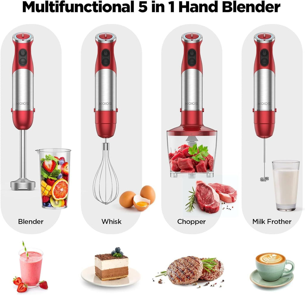 KOIOS 5-in-1 Hand Immersion Blender, 1000W 12 Speed Handheld Blender, Copper Motor Stainless Steel Blade Stick Blender,600ml Mixing Beaker,500ml Food Processor, Whisk, Milk Frother, B PA-F ree, Red