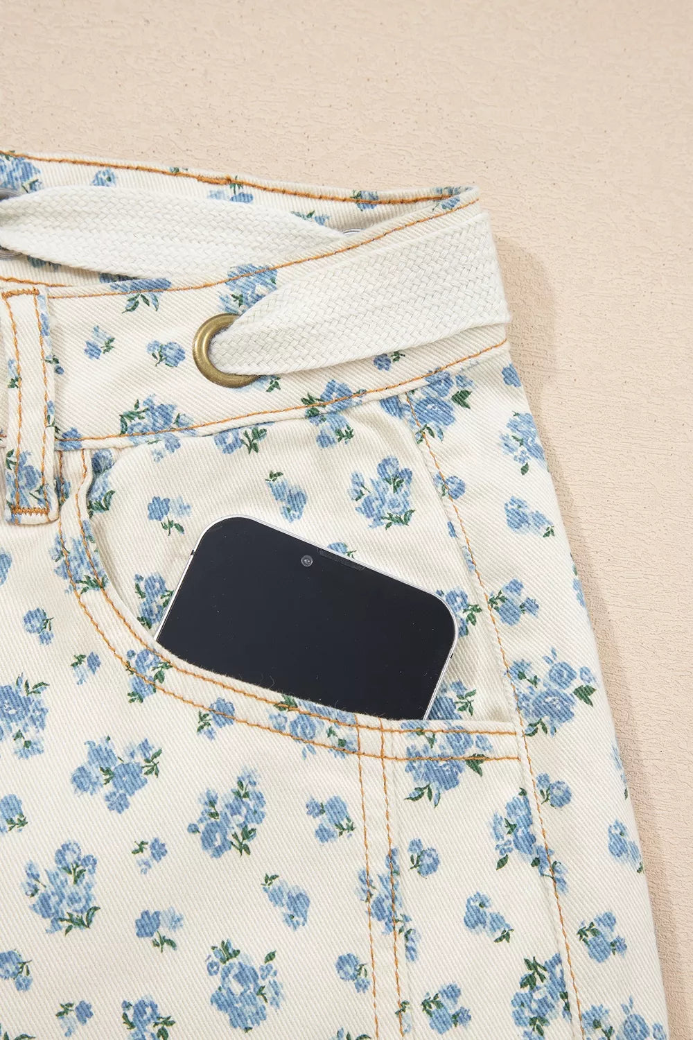 Grommet Knot Waist Floral Barrel Leg Jeans