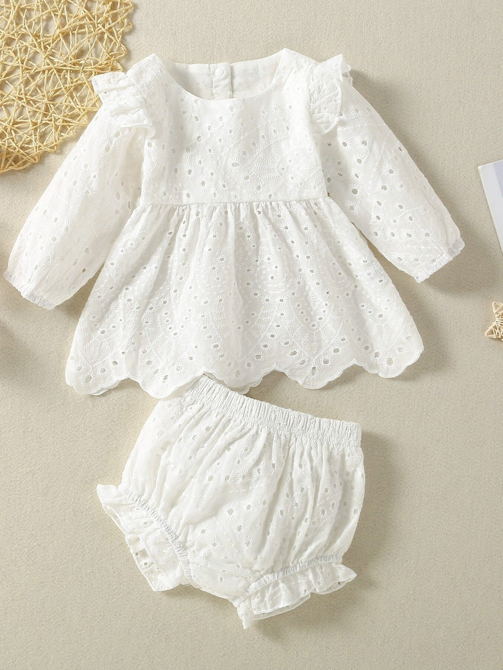 Children's Eyelet Embroidered Ruffled Top and Shorts Set