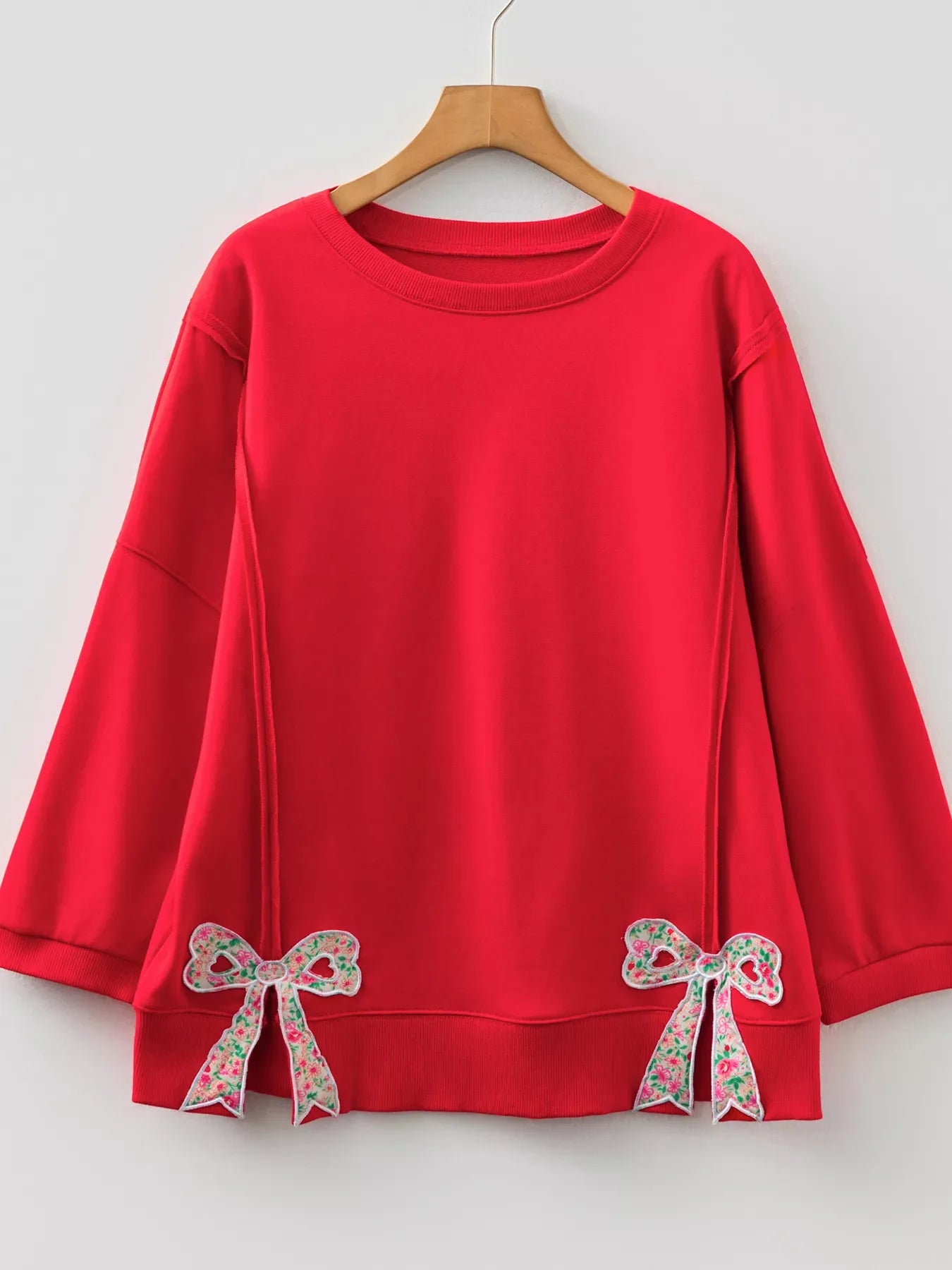 Floral Bow Patched Exposed Seam Patchwork Slit Baggy Sweatshirt