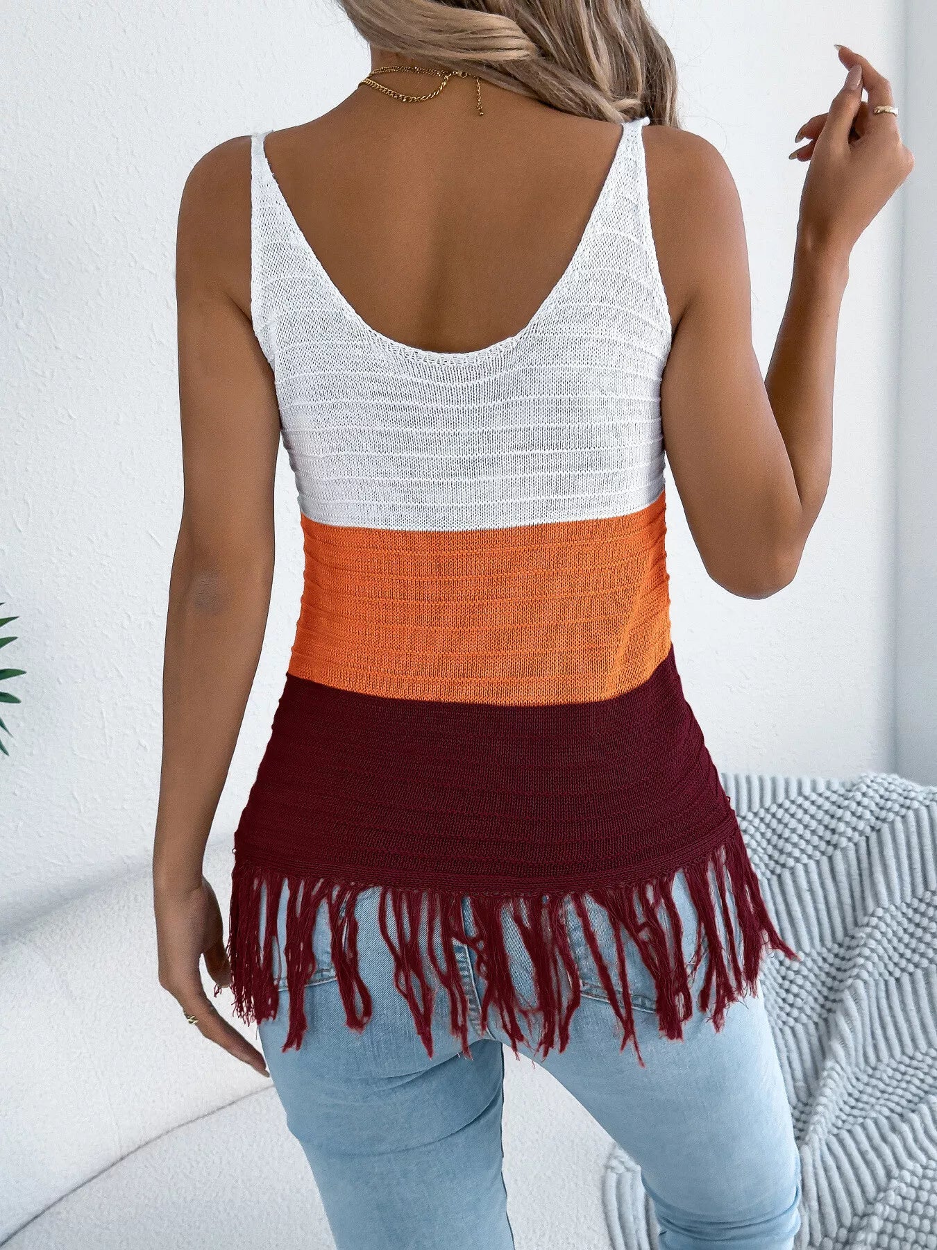 Color Block Fringe Hem Knit Cami