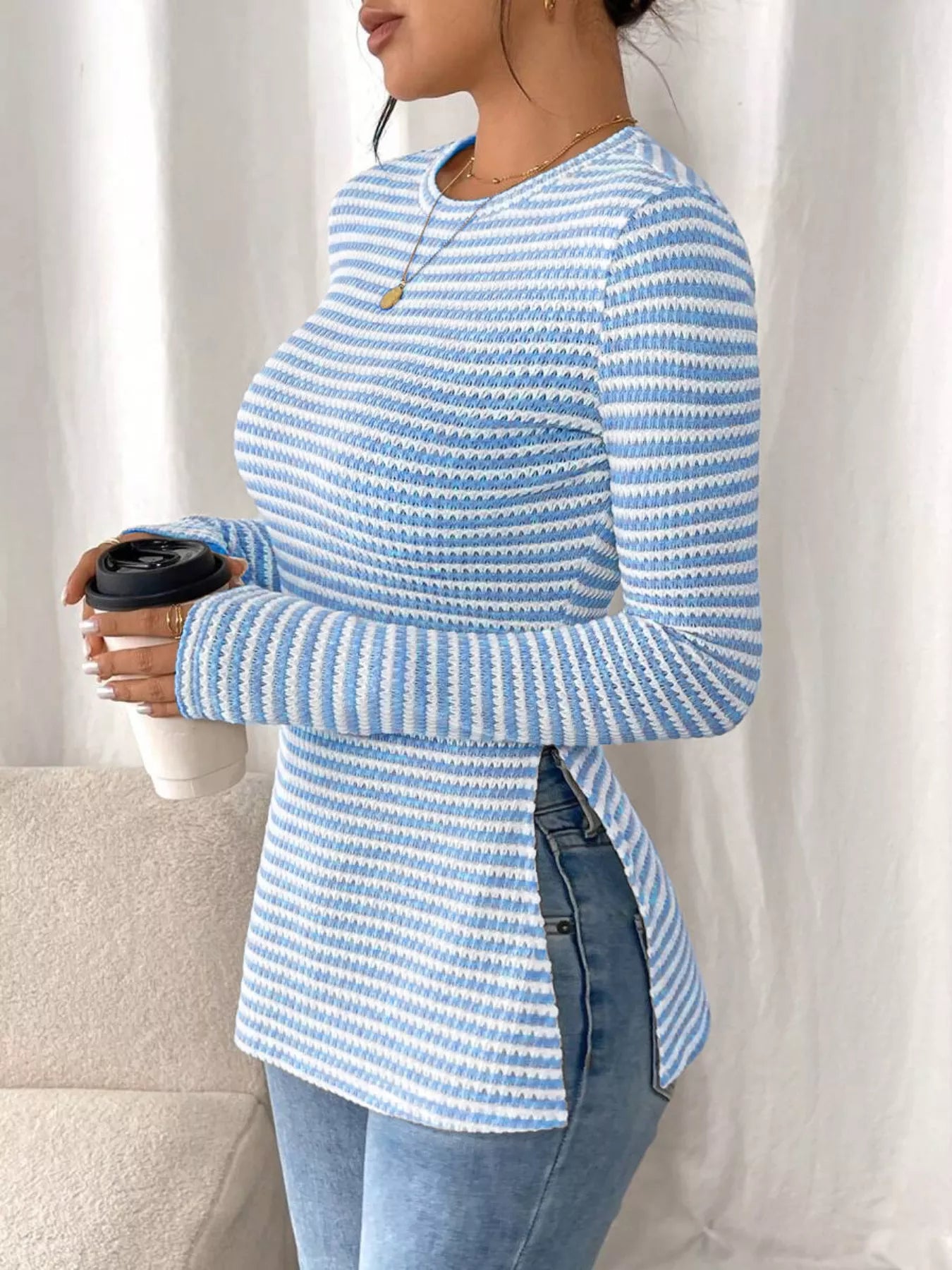 Slit Striped Long Sleeve Casual T-Shirt