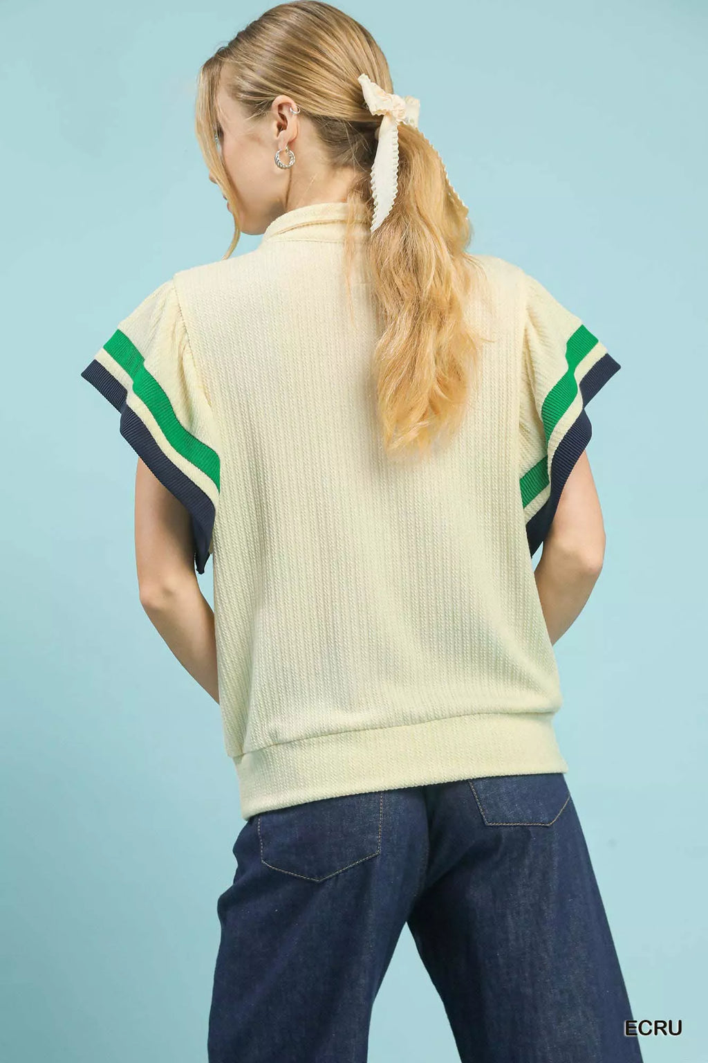Umgee Textured Half Zip Top with Striped Flutter Sleeves