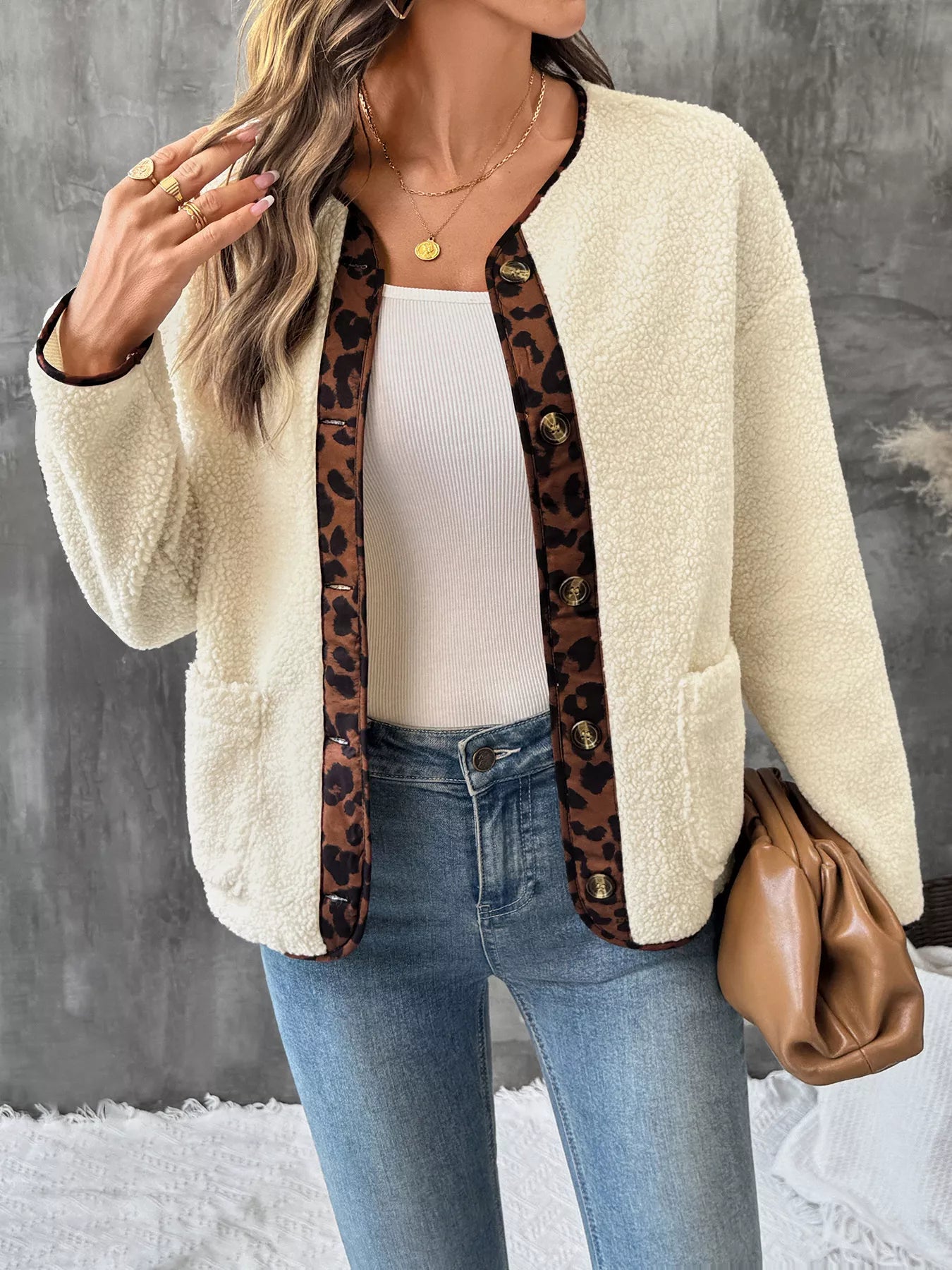 Leopard Trim Button Up Jacket