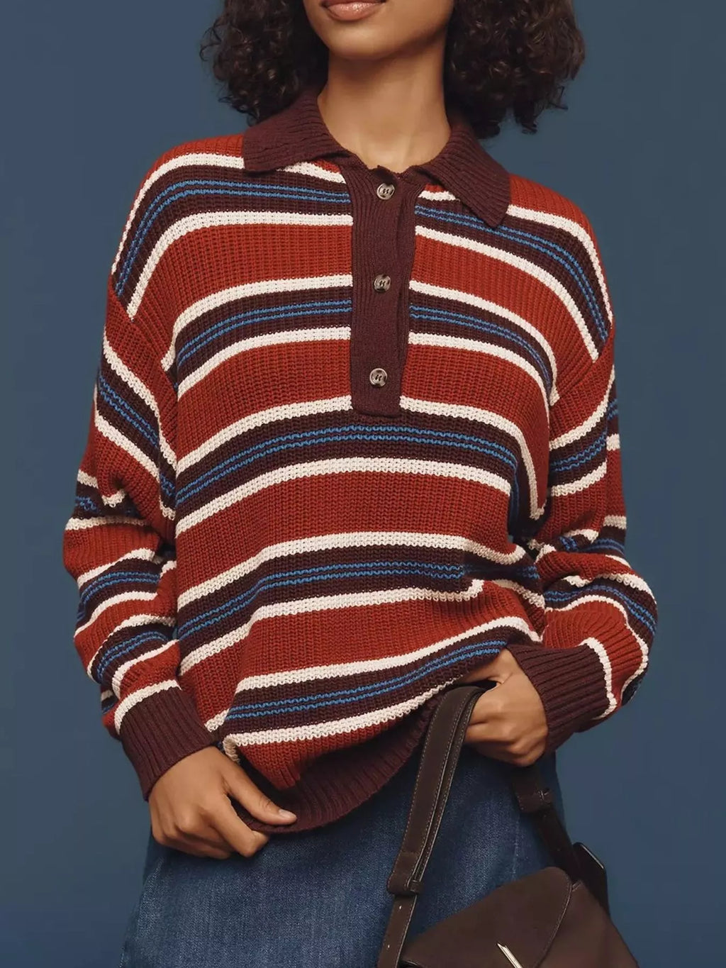 Striped Button Detail Polo Collar Sweater