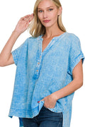 Zenana Washed Double Gauze 3/4 Button Henley Neck Shirt