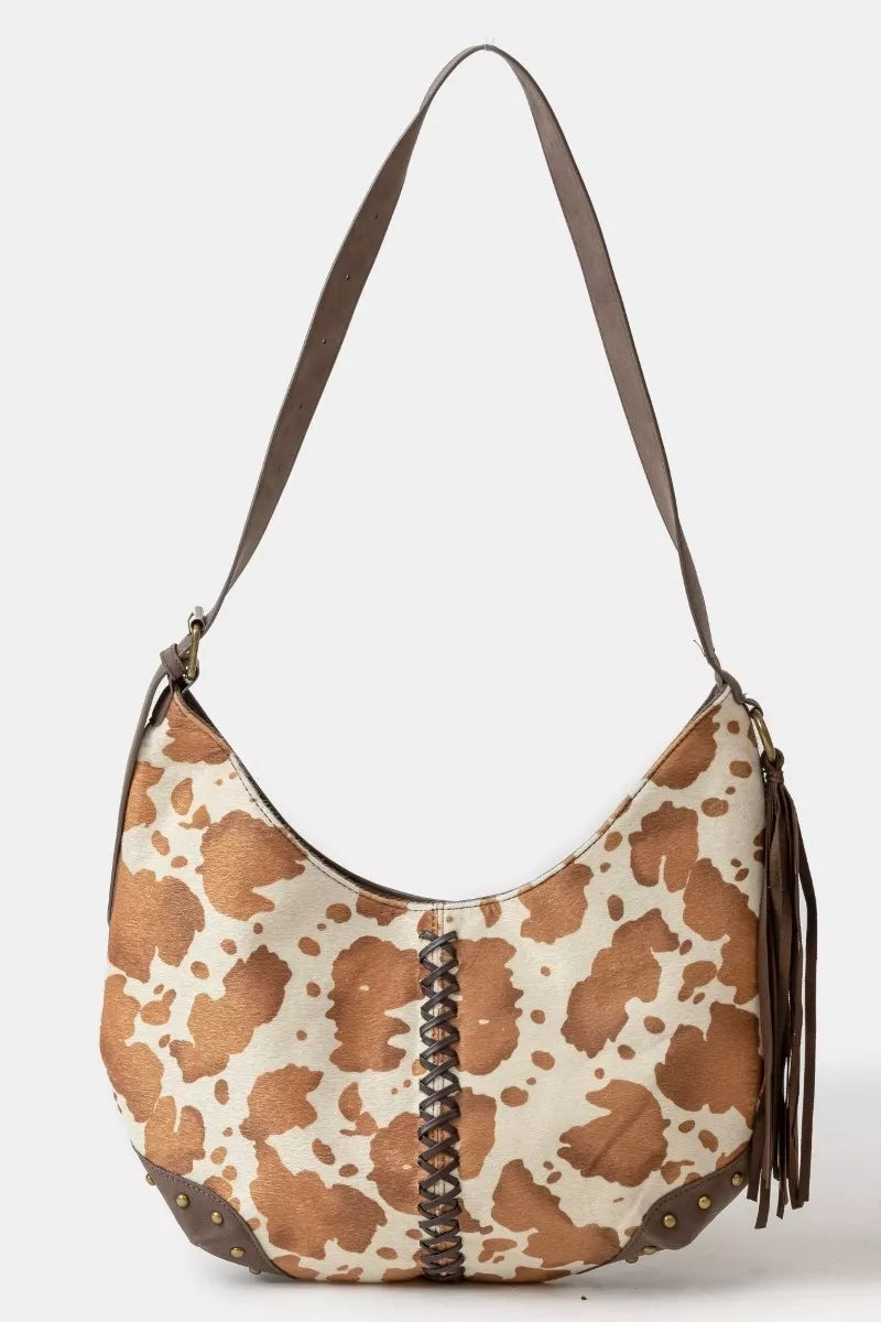 Fame Cow Print Hobo Shoulder Bag with Studded Details