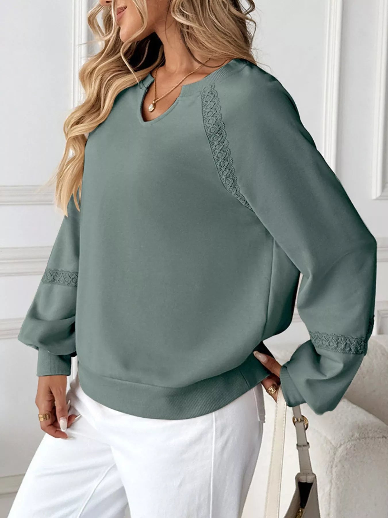 Notched Raglan Sleeve Sweatshirt