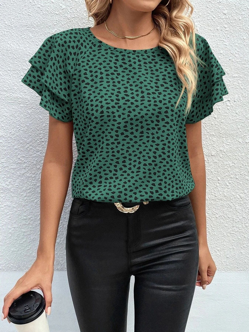 Animal Print Ruffle Sleeve Blouse