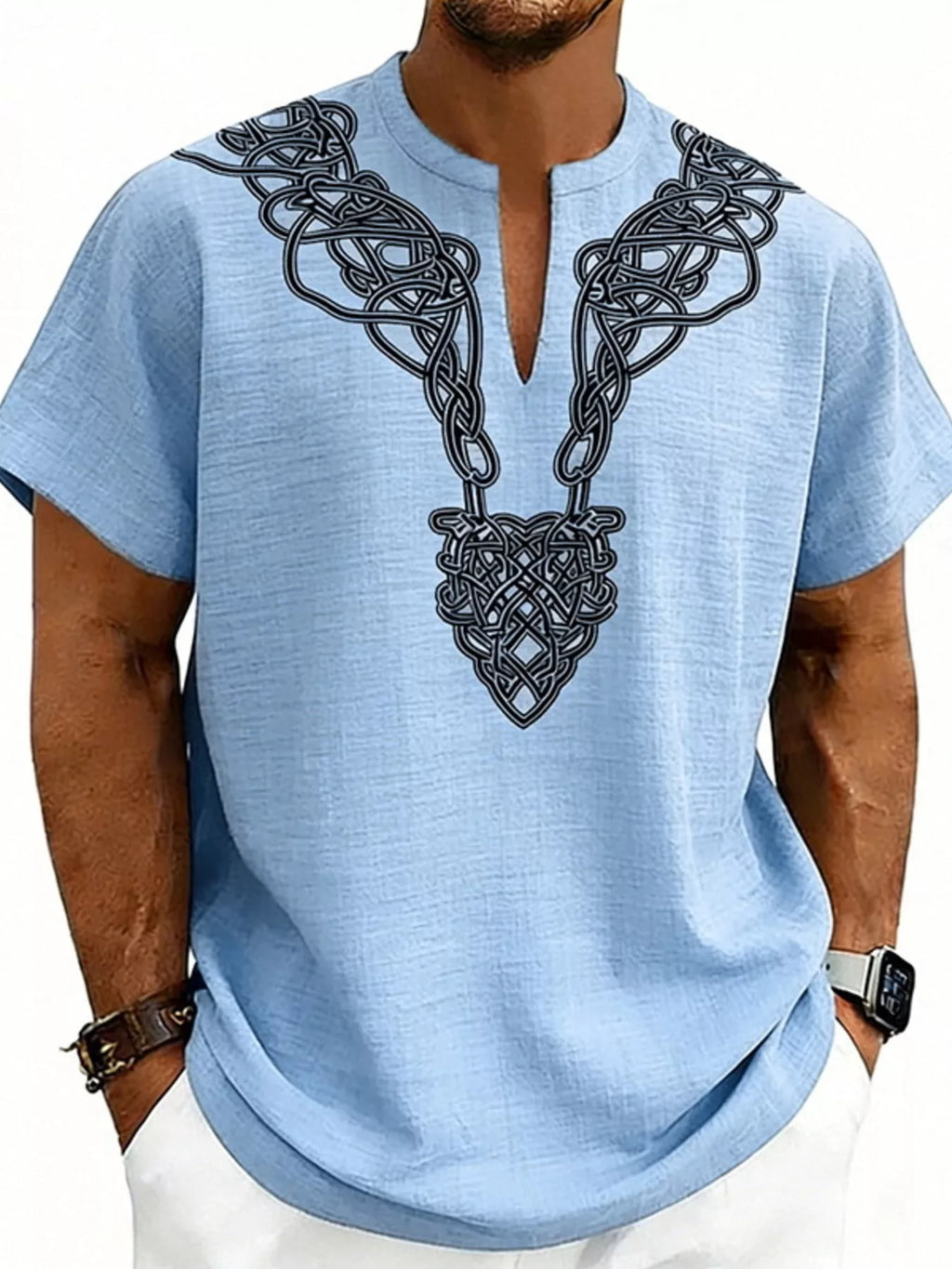 Men's Full Size Notched Printed Short Sleeve Blouse Plus Size