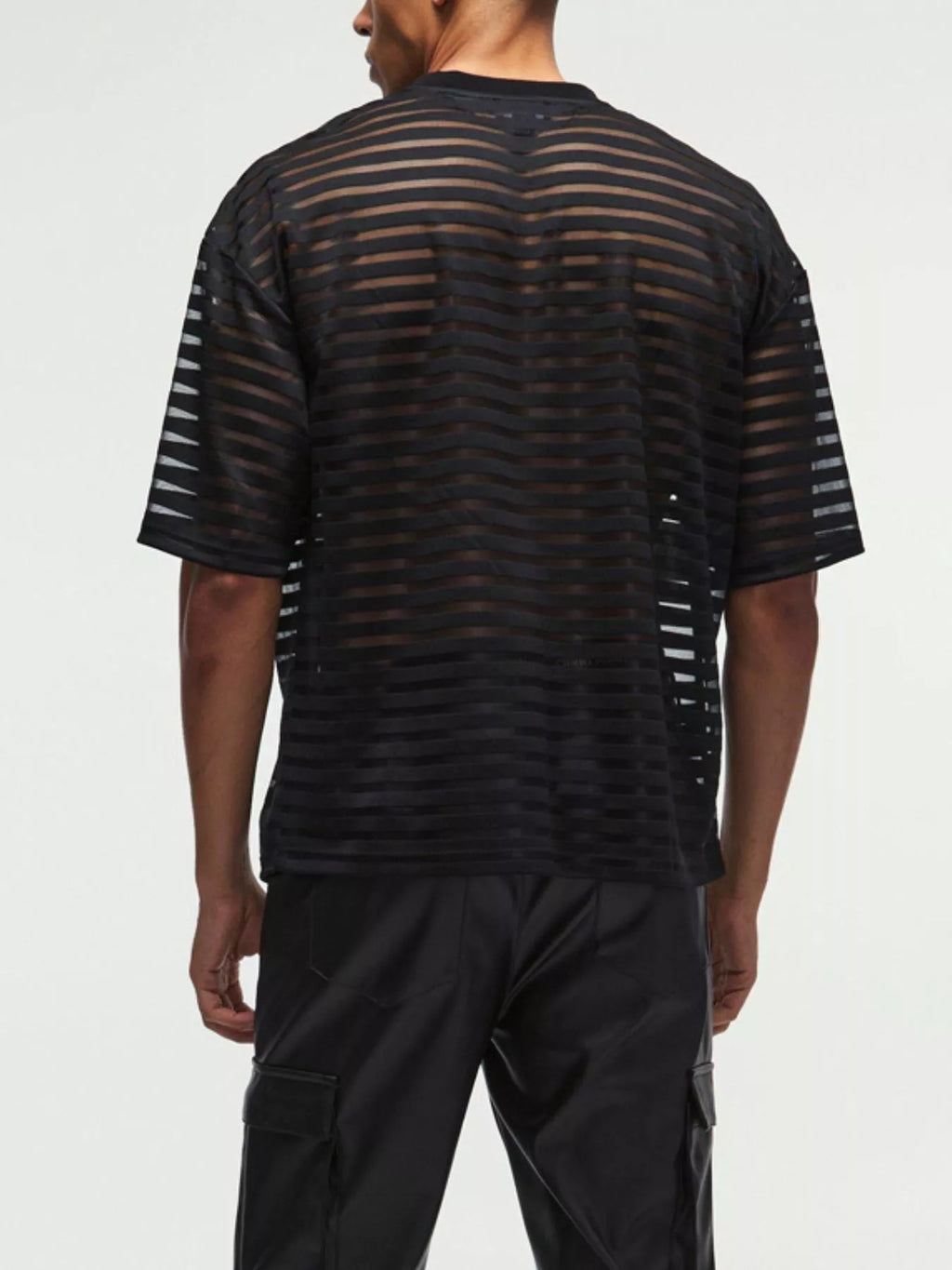 Men's Full Size Sheer Striped Round Neck T-Shirt Plus Size