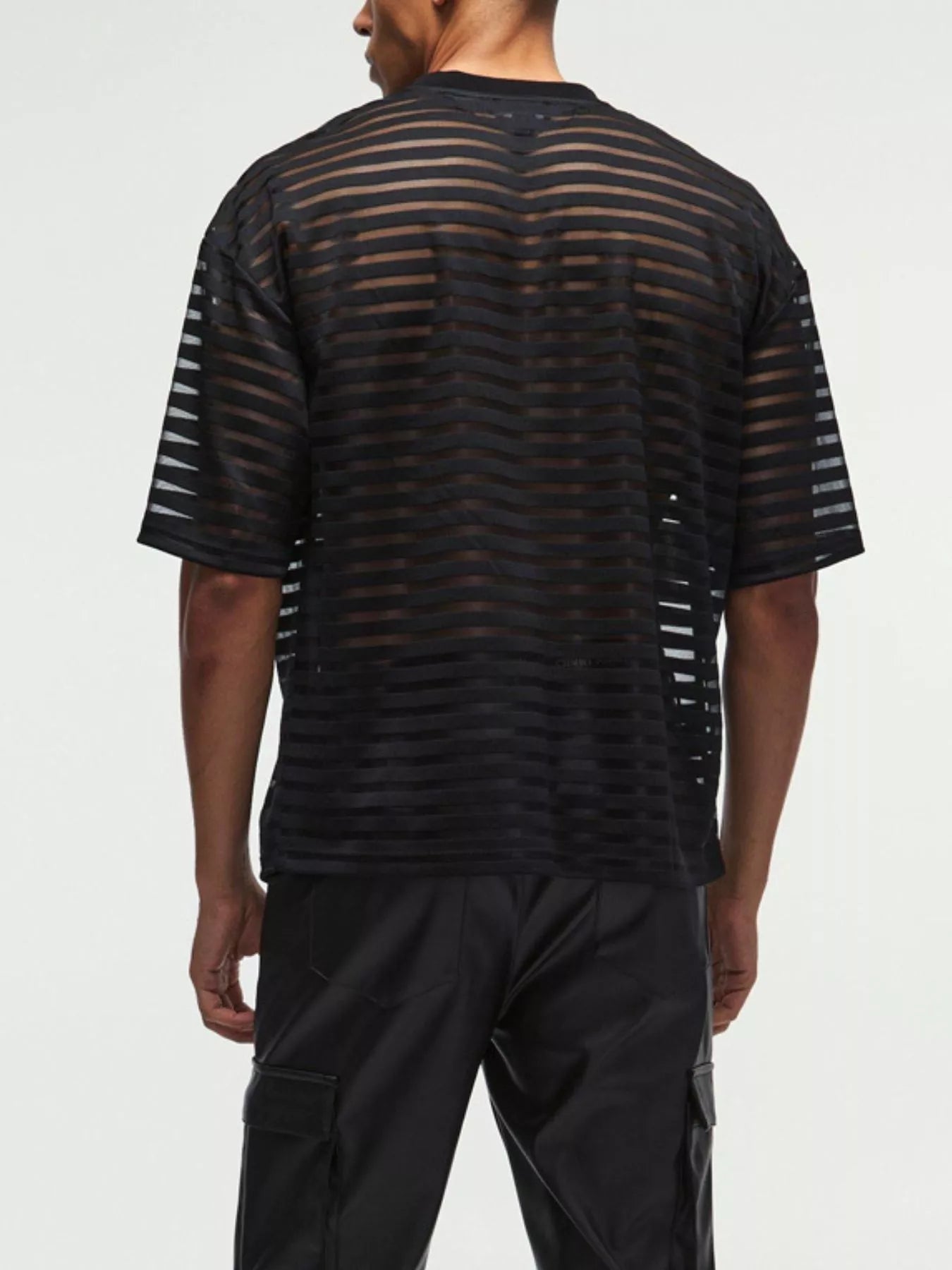 Men's Full Size Sheer Striped Round Neck T-Shirt Plus Size