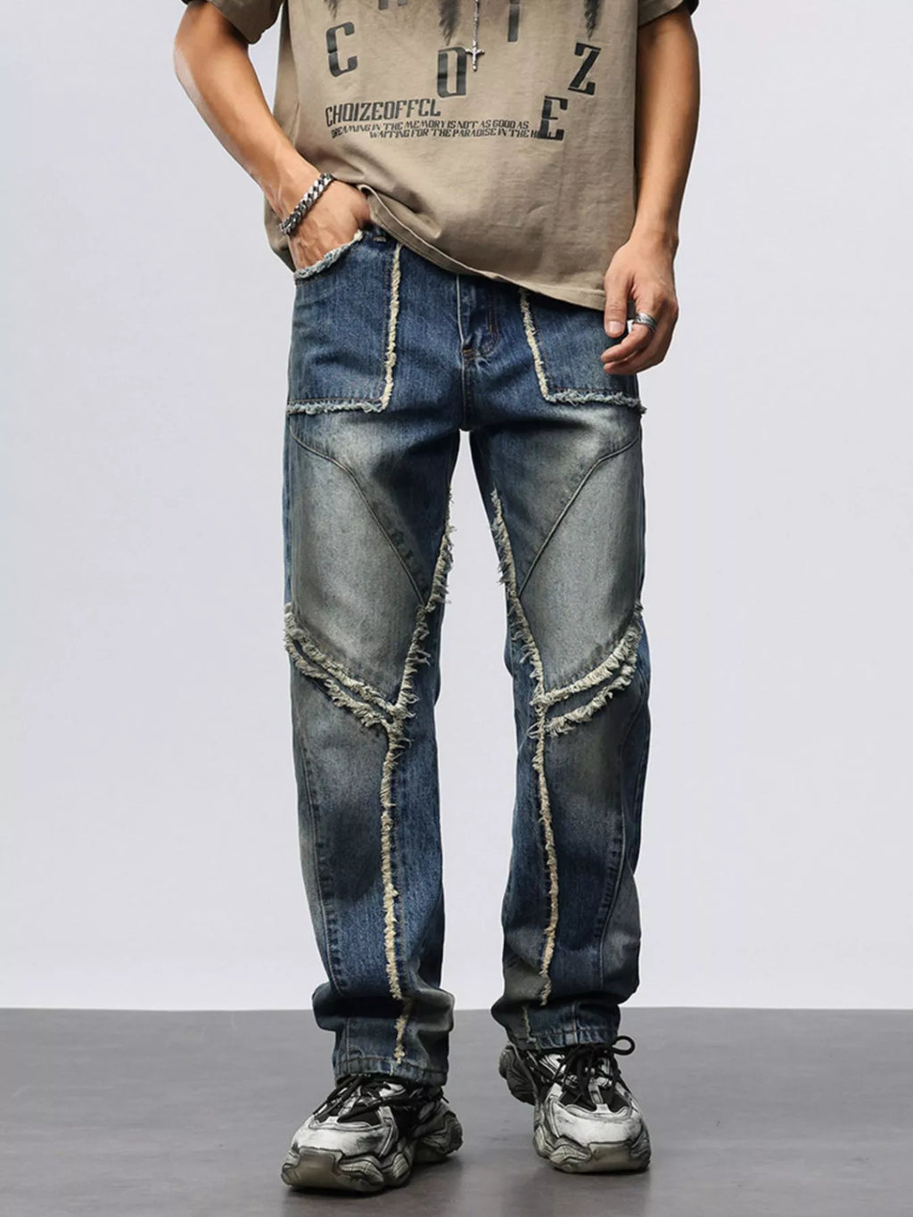 Men's Frayed Hem Wide Leg Jeans
