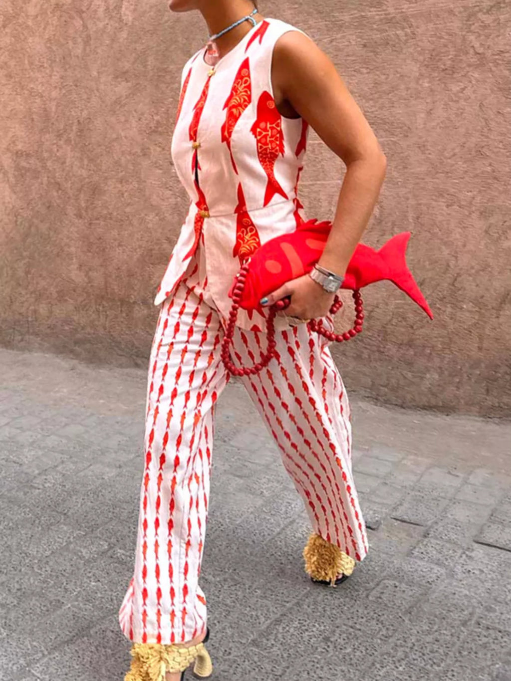 Fish Print Sleeveless Top and Pants Set
