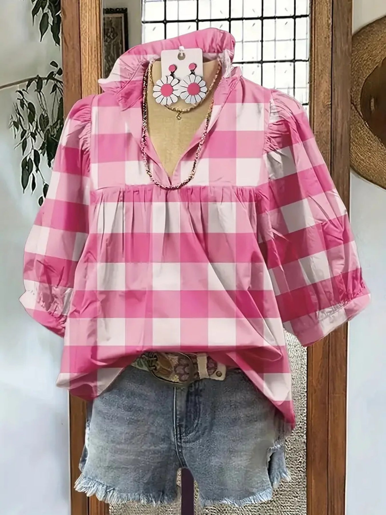 Plaid Ruffle Collar Blouse