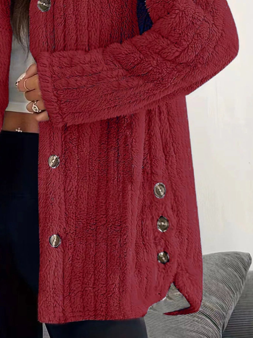 Full Size Fleece Button Up Hooded Outerwear Plus Size