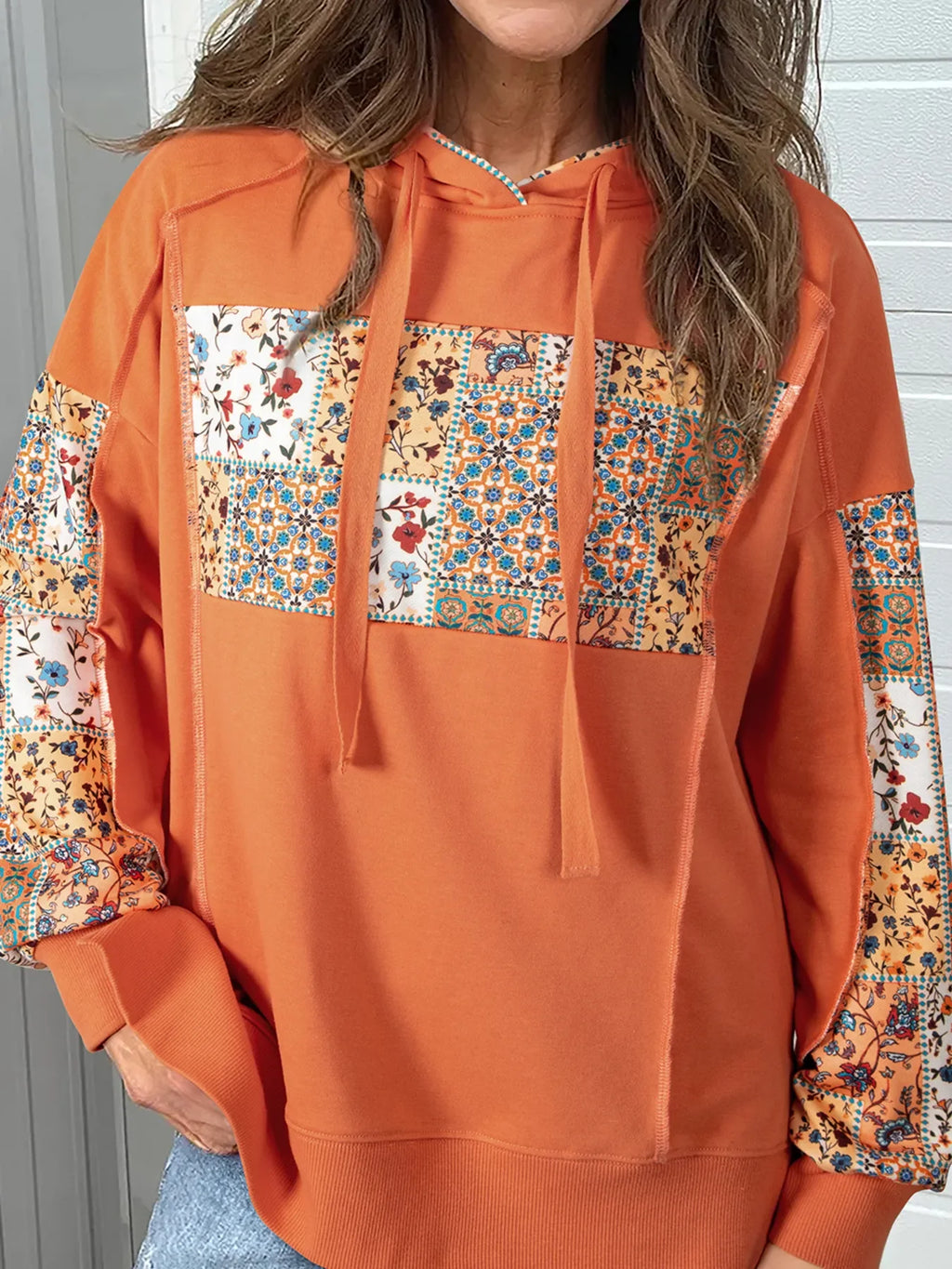 Floral Patchwork Hoodie with Drawstring