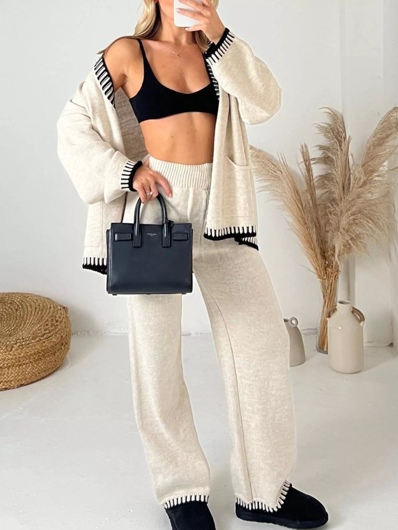 Button Up V-Neck Cardigan and Pants Sweater Set