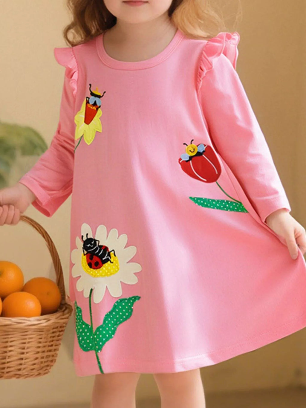 Children's Insect and Flower Appliques Long-Sleeve Dress