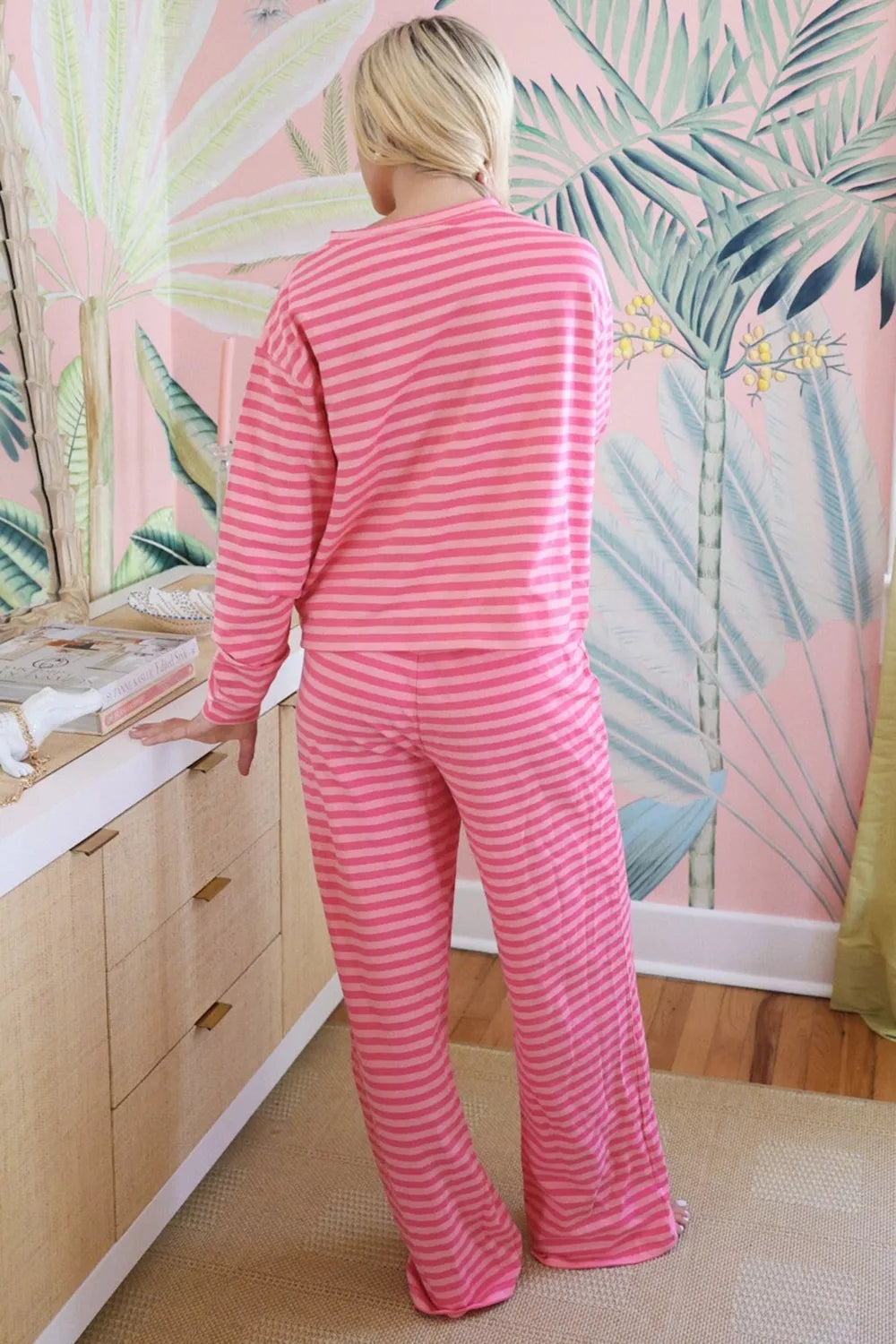 Stripe Drop Shoulder Round Neck Top and Buttoned Straight Pants Two Piece Set