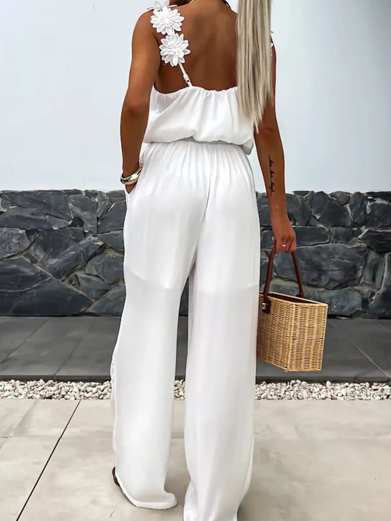 Floral Applique V-Neck Wide Leg Jumpsuit